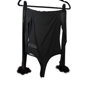 Forever 21 mesh feather trimmed sleeves bodysuit Small